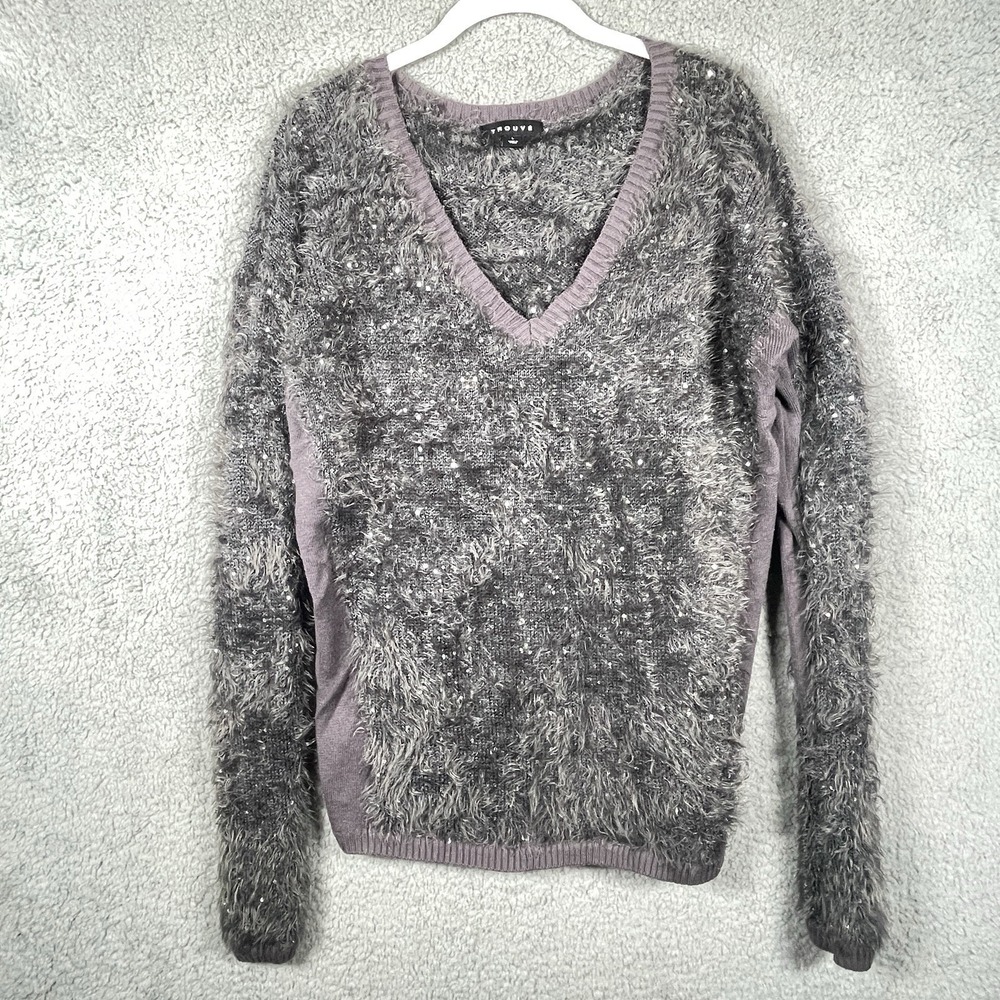 Trouvé Eyelash Fuzzy Sequin‎ V-Neck Sweater Size L Gray Nordstrom